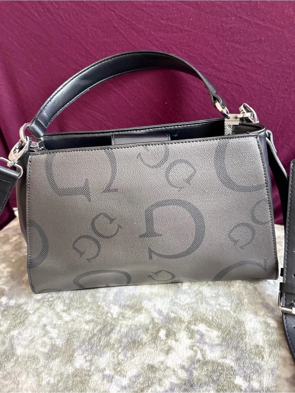 GUESS Los Angeles Black Monogram “G” Satchel Crossbody Bag Top Handle